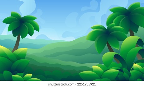 Tropical green dense jungle. Palm trees on forest hills background.