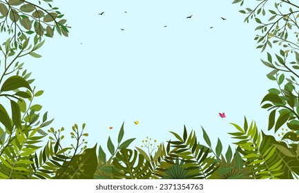 Fondo tropical verde follaje. Marco de escena forestal