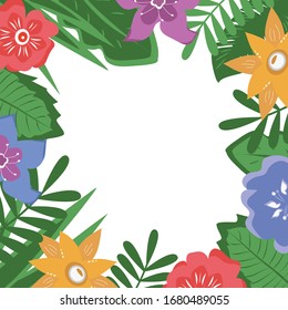 Tropical green frame with space for your text. Vector background with tropical leaves and flowers.