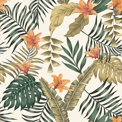 Tropical Green And Gold Palm, Banana Leaves And Orange Lily Flowers Abstract Colors Seamless Vector Pattern On The White Background