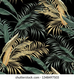 Tropical green and golden banana leaves seamless pattern on the black background. Beach vector wallpaper