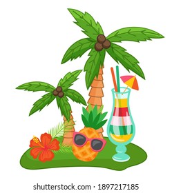 Tropical green island, exotic cocktail under palm trees, fresh funny pineapple in sunglasses. Seaside vacation concept, a trip to a warm southern country, rest and relaxation, sea tourism postcard