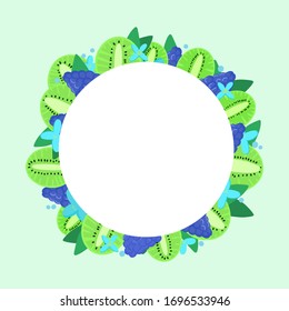 Tropical green kiwi round frame. Kiwi, blueberries, flowers. Bright  blue exotic circle border. Healthy vegetarian food. Fresh and juice fruits