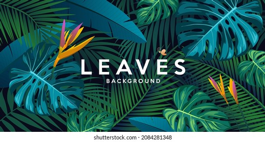 Tropical green leaf and colorful flower banner design background, Eps 10 vector illustration