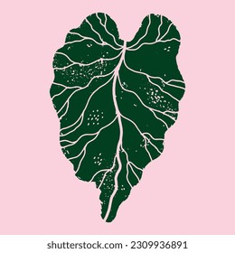 Tropical green leaf in linocut style, with cutouts and grunge texture. Worn surface. Exotic forest. Hawaiian design. Element for design