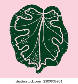 Tropical green leaf in linocut style, with cutouts and grunge texture. Worn surface. Exotic forest. Hawaiian design. Element for design