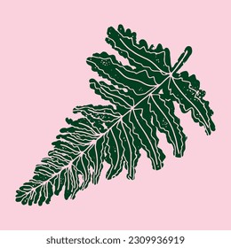 Tropical green leaf in linocut style, with cutouts and grunge texture. Worn surface. Exotic forest. Hawaiian design. Element for design