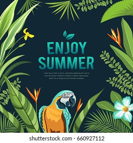 Tropical green leaf with parrot  and flower background, vector illustration