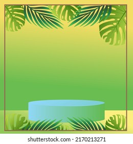 Tropical green leaf  summer  with blue podium background vector