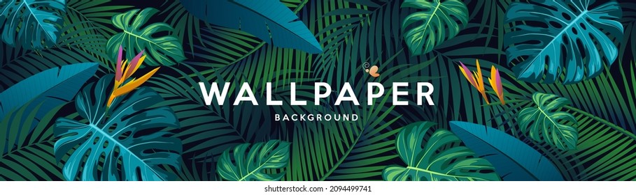 Tropical green leaf wallpaper banner design background, Eps 10 vector illustration