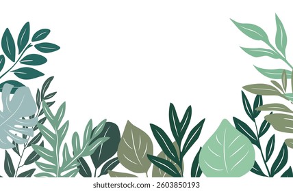 Tropical green leaves background, border, frame. Vector art illustration isolated