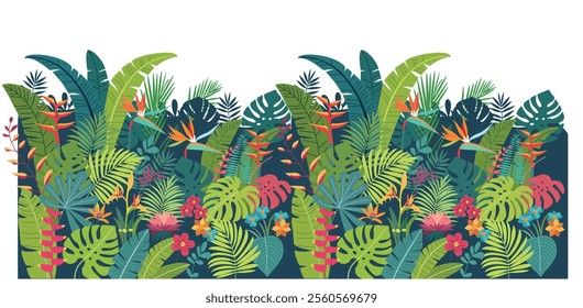 Tropical green leaves, exotic plants, and vibrant flowers create a stunning nature background. A botanical border paired with a floral banner, Nature background Featuring lush greenery