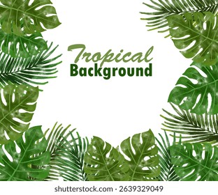 Tropical Green Leaves Frame with Monstera and Palm Fronds on White Background