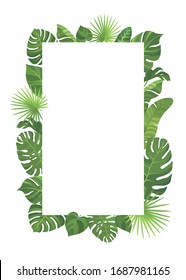Tropical green leaves frame template. Floral border with place for text. Vector illustration.