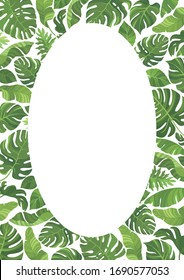 Tropical green leaves frame template. Floral border with place for text. Vector illustration.