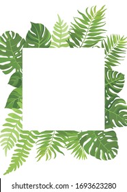 Tropical green leaves frame template. Floral border with place for text. Vector illustration.