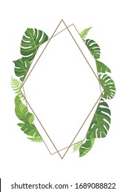 Tropical green leaves geometric frame template. Floral border with place for text. Vector illustration.