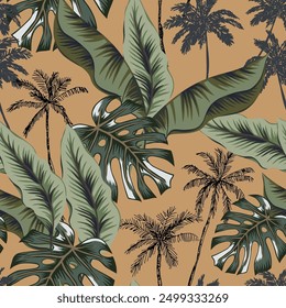 Tropical green leaves, palm trees silhouettes, brown background. Vector seamless pattern. Floral illustration. Exotic plants. Summer beach design. Paradise nature