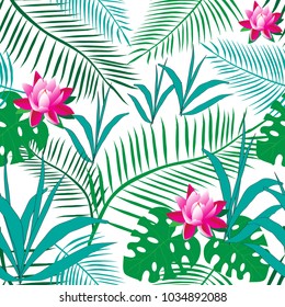 Tropical green leaves, pink lotus flowers on a white background. Seamless pattern.