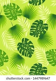 Tropical green leaves seamless pattern on light green background. Vector illustration.