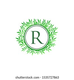 Tropical Green Leaves Vector Logo Letter R. Circle R Letter Design Vector Green Leaves Tropical Logo Icon.