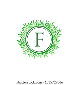 Tropical Green Leaves Vector Logo Letter F. Circle F Letter Design Vector Green Leaves Tropical Logo Icon.