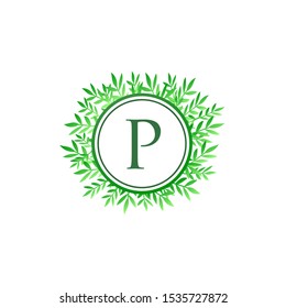 Tropical Green Leaves Vector Logo Letter P. Circle P Letter Design Vector Green Leaves Tropical Logo Icon.