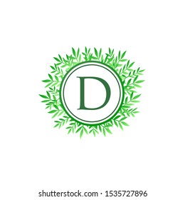 Tropical Green Leaves Vector Logo Letter D. Circle D Letter Design Vector Green Leaves Tropical Logo Icon.