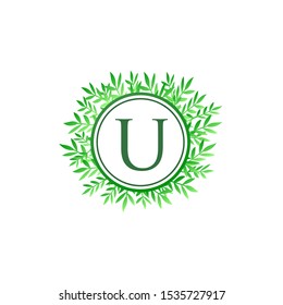 Tropical Green Leaves Vector Logo Letter U. Circle U Letter Design Vector Green Leaves Tropical Logo Icon.