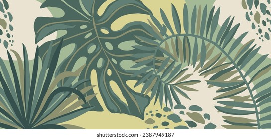 Tropical green leaves, wall art mural, blanket design, vector hand drawn illustration