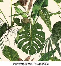 Tropical green monstera leaf illustration. Seamless pattern. Jungle foliage illustration. Exotic plants. Summer beach floral design. Paradise nature.