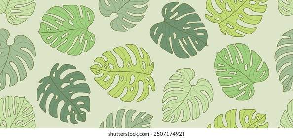 tropical green monstera leaf seamless pattern background wallpaper vibrant colorful vector illustration texture graphic design art exotic palm leaves summer beach hawaii endless jungle forest nature