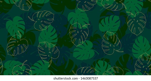  Tropical green monstera seamless vector pattern dots background.