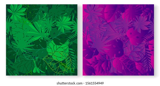 Tropical green and neon palm leaves seamless vector patterns set. Jungle purple colored floral background. Exotic botanical foliage design with tropic leaves for fabric, fashion textile, wallpaper.