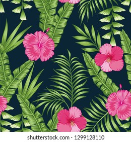 Tropical green palm banana leaves and pink hibiscus flowers seamless vector pattern on the navy blue background. Trendy botanical overlapping background