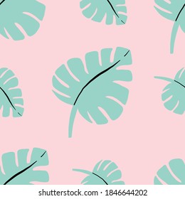 Tropical green palm leaf seamless pattern on pink background vector. Exotic wallpaper. Wallpaper for baby room.