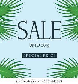 Tropical green palm leaves. 50% Sale banner template design. Big sale special offer. Tropical Special offer banner for poster, flyer, brochure, sticker. Vector illustration.