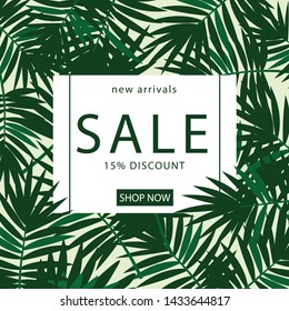 Tropical green palm leaves background. 15% Sale banner template design. Big sale special offer. Tropical leaves Special offer banner for poster, flyer, brochure, sticker. Vector illustration.