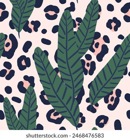 Tropical green palm leaves, leopard animal print background. Vector seamless pattern. Floral illustration. Exotic plants. Summer beach design. Paradise nature