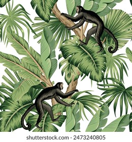 Tropical green palm leaves, monkey animal seamless pattern white background. Exotic floral jungle wallpaper.	