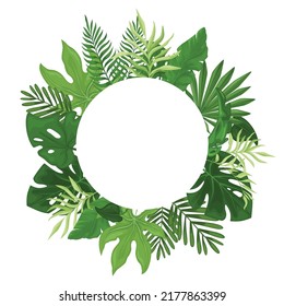 Tropical Green Palm Leaves In A Round Frame. Hawaiian Flyer With Palm Leaves Isolated On White Background. Vector