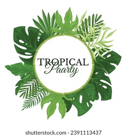 Tropical green palm leaves in a round frame. Hawaiian flyer with palm leaves isolated on white background. Vector illustration.