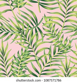 Tropical green palm leaves vector seamless pattern pink background. Exotic wallpaper