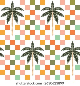 Tropical green palms seamless pattern checkered background. Summer boho jungle print.