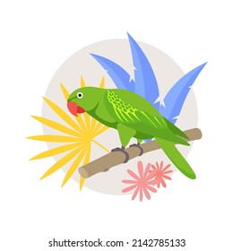 A tropical green parrot sits on a branch with leaves of tropical plants. Vector illustration isolated on white background