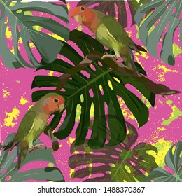 Tropical green and red parrots on leaves and creepers. Monstera, jungle. Hawaiian shirt, print for wallpaper, poster, fabric for clothes. The sun, the beach. Background - pink, watercolor splashes.