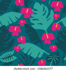 Tropical green seamless pattern with monstera palm leaves and hibiscus flowers. Contemporary background with hand drawn trendy texture for print, design, fabric. Vector illustration