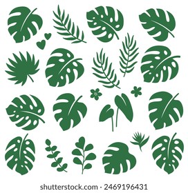 tropical green summer set of palm leaves, monstera leaf silhouettes, flowers and hearts, botanical jungle decorations