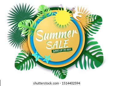 Tropical greenery decorative frame Summer sale creative hand lettering typography, vector illustration in paper art craft style. Seasonal summer sale promotion banner, poster template.