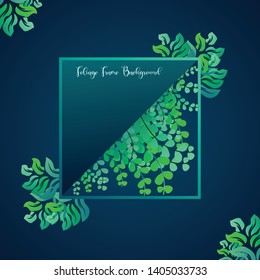 Tropical greenery foliage frame background. Frame background with tropical foliage ornament